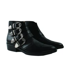 AJ782 4 METAL COWBOY BLACK LEATHER SILVER BUCKLES
