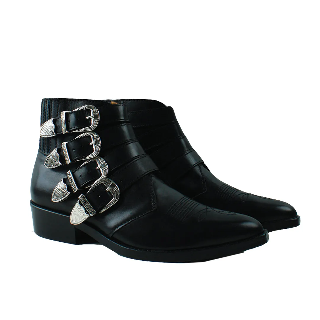 AJ782 4 METAL COWBOY BLACK LEATHER SILVER BUCKLES