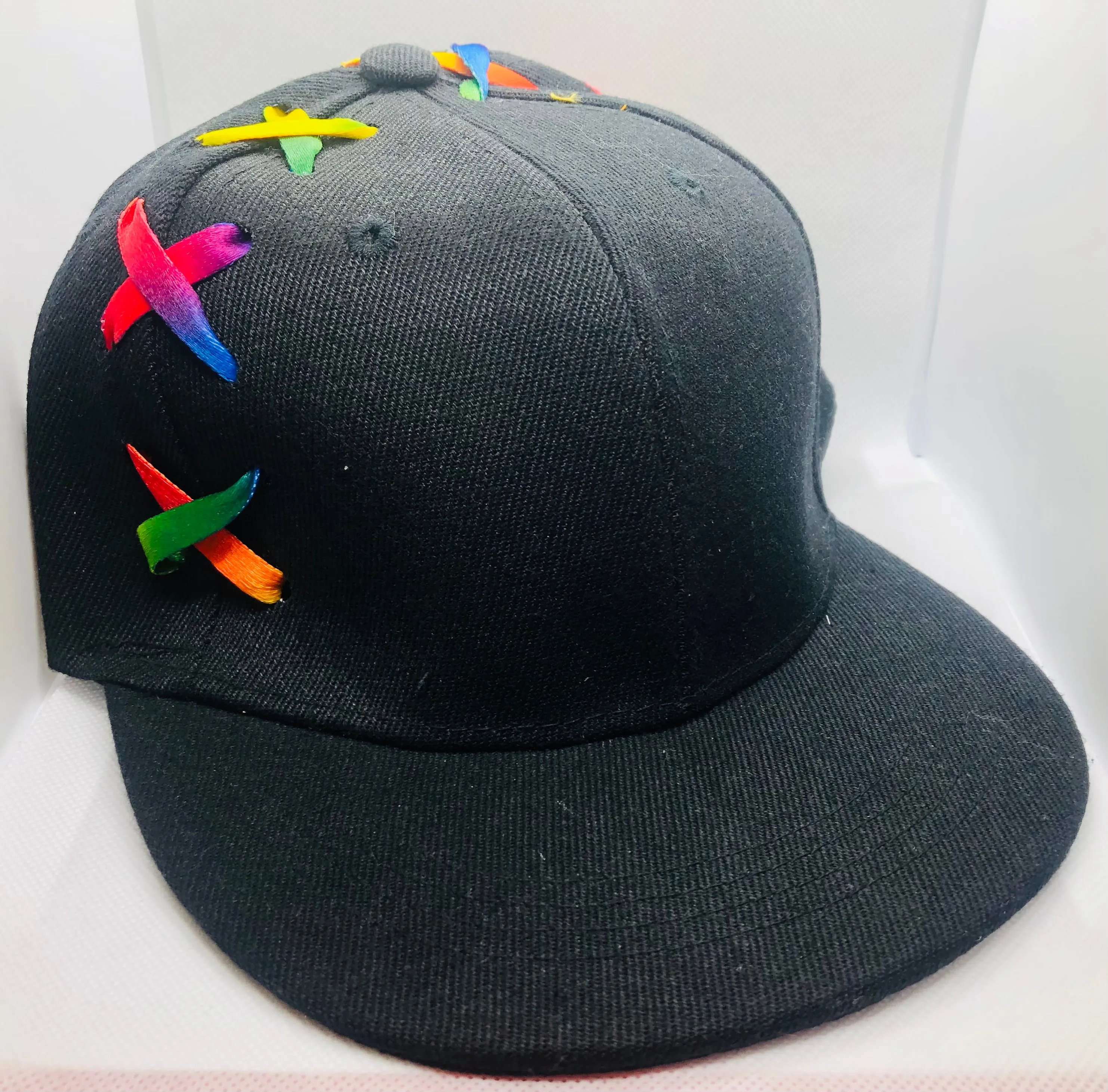 Black Baseball Cap Hat w/ Rainbow Laces