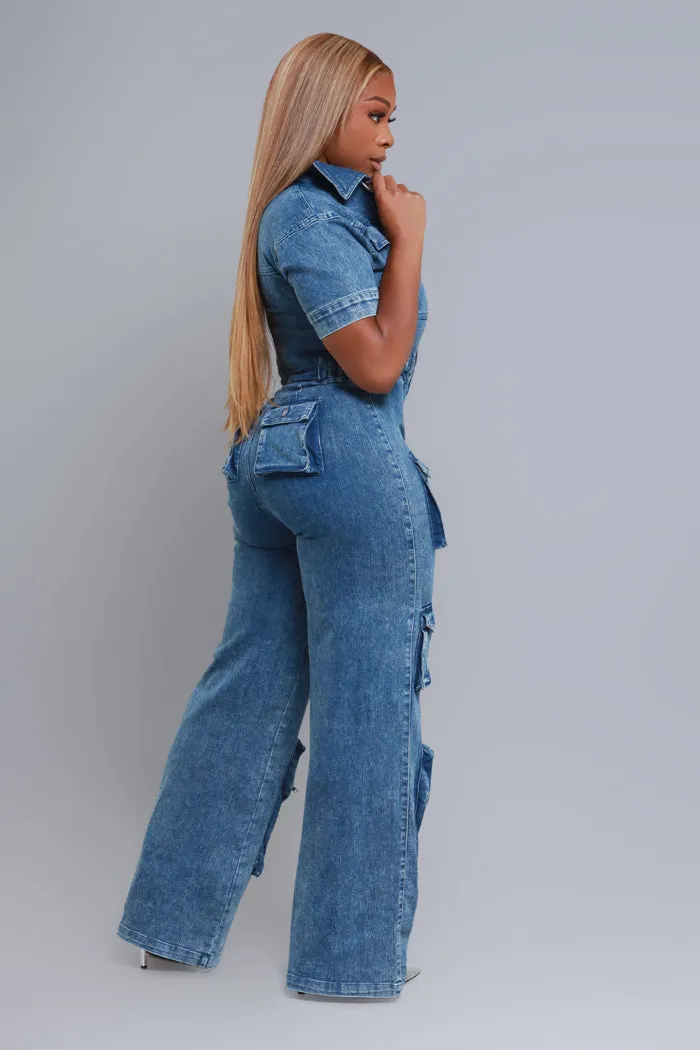 Borderline Short Sleeve Cargo Jumpsuit - Dark Wash