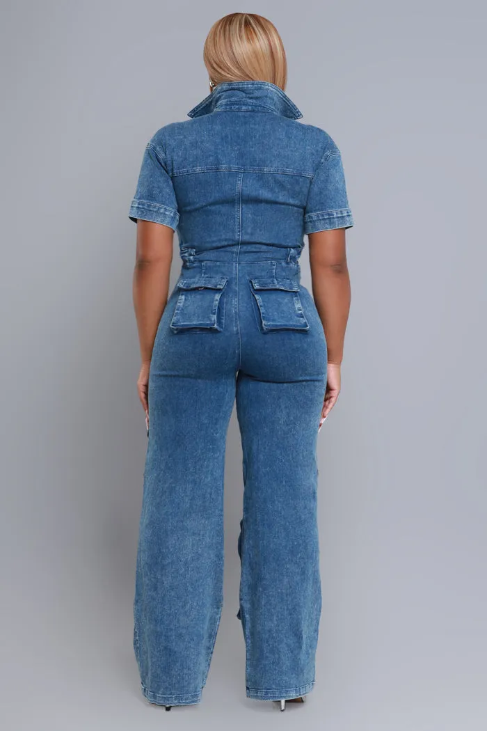 Borderline Short Sleeve Cargo Jumpsuit - Dark Wash