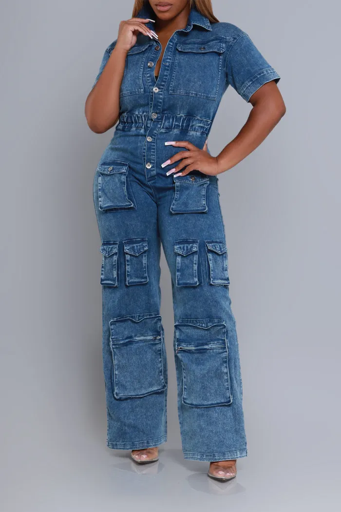 Borderline Short Sleeve Cargo Jumpsuit - Dark Wash