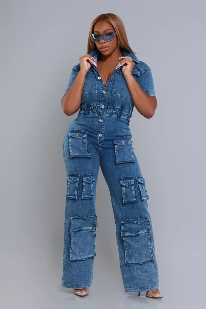 Borderline Short Sleeve Cargo Jumpsuit - Dark Wash