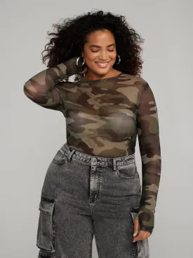 Crew-Neck Camo Printed Mesh Top