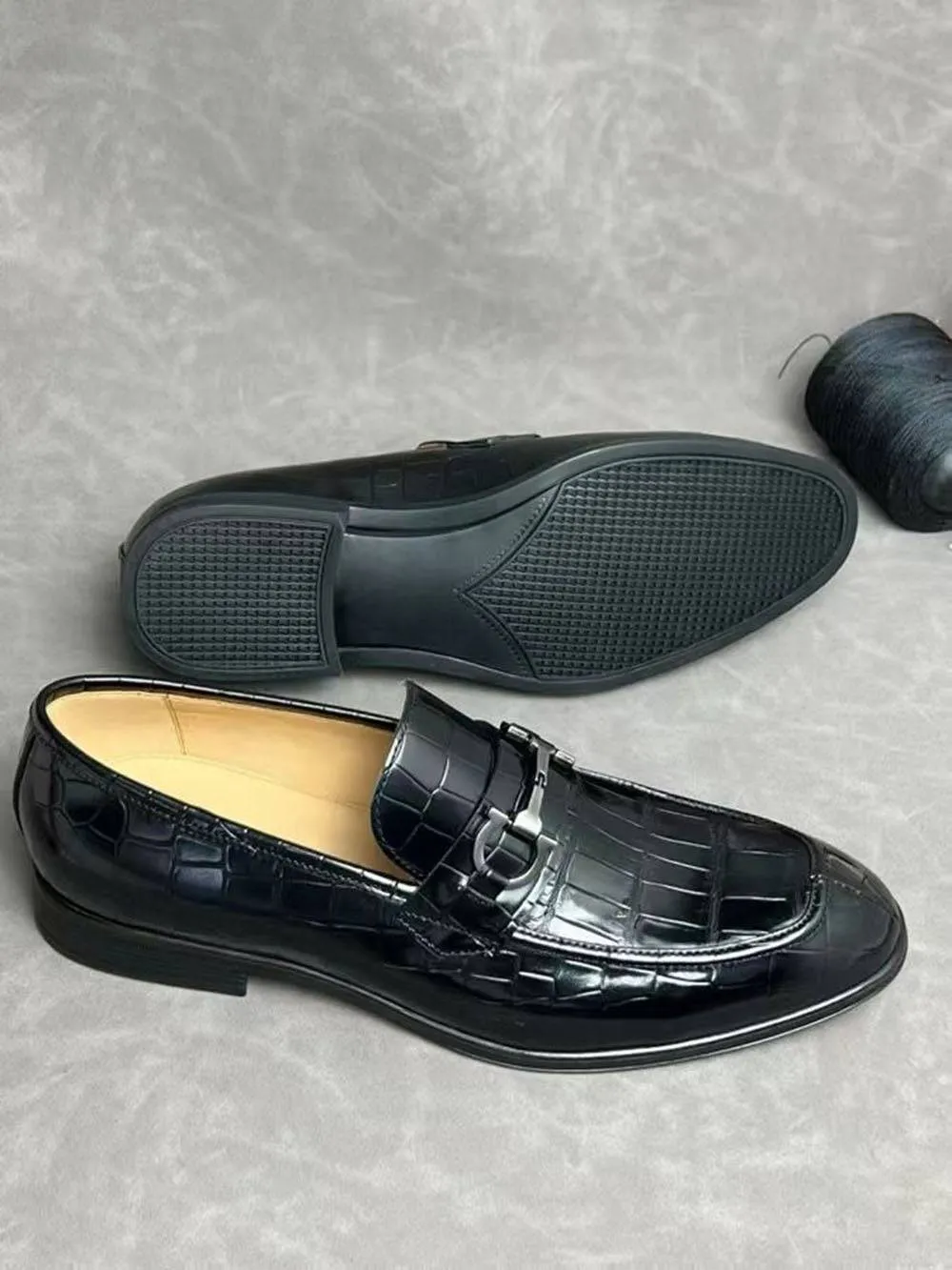 Crocodile Leather Shoes ,Crocodile Leather Men's Penny Loafer Dress Shoe Black