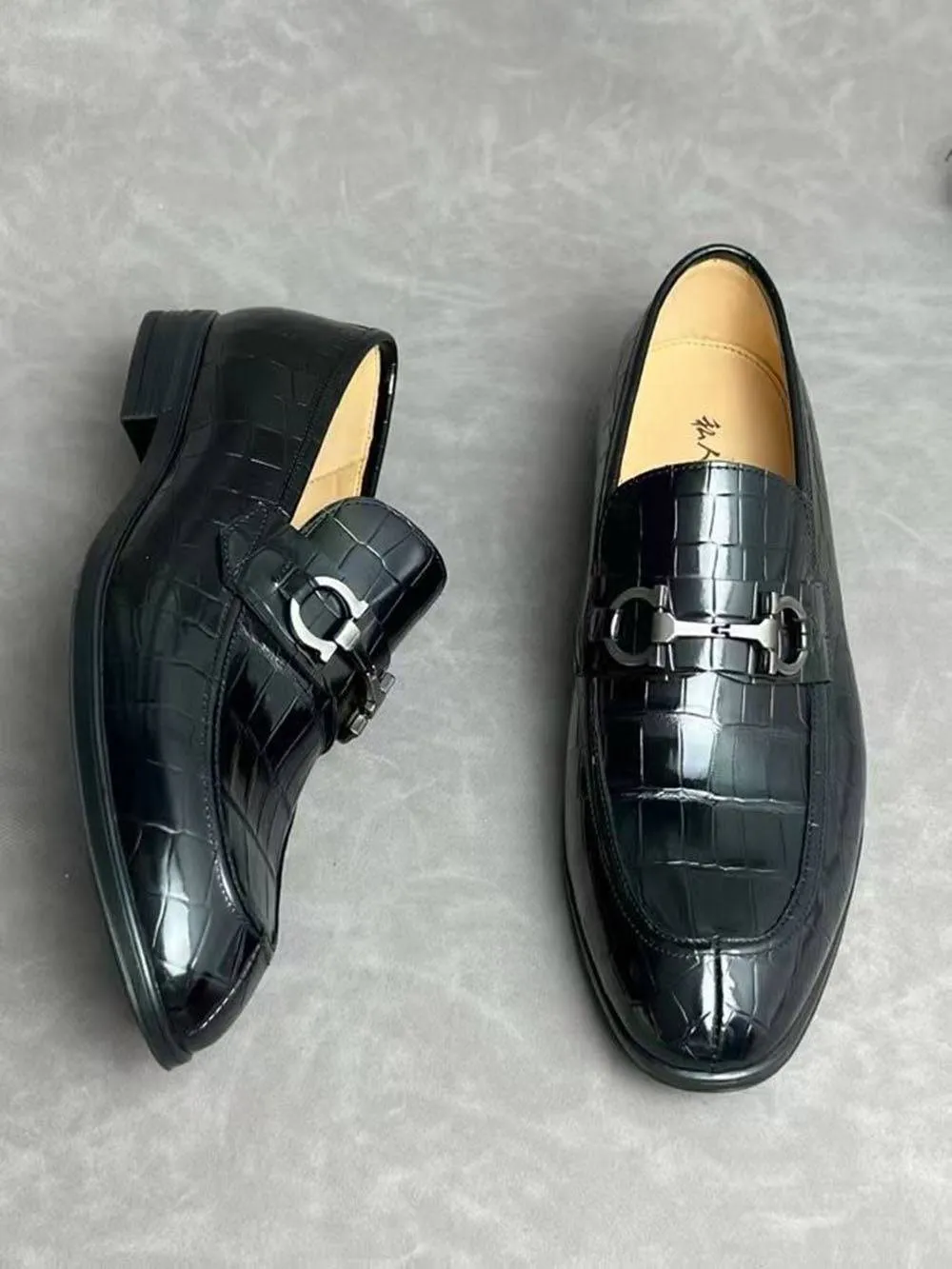 Crocodile Leather Shoes ,Crocodile Leather Men's Penny Loafer Dress Shoe Black