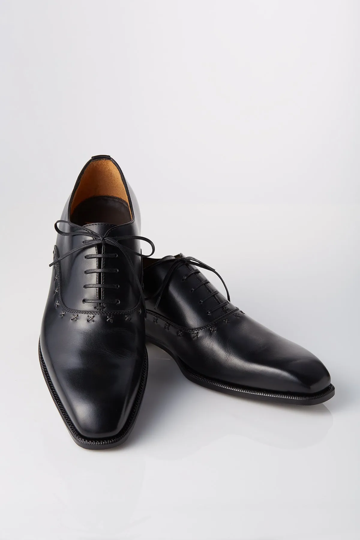 David August Leather Lace Up Cross Stitched Oxfords in Black