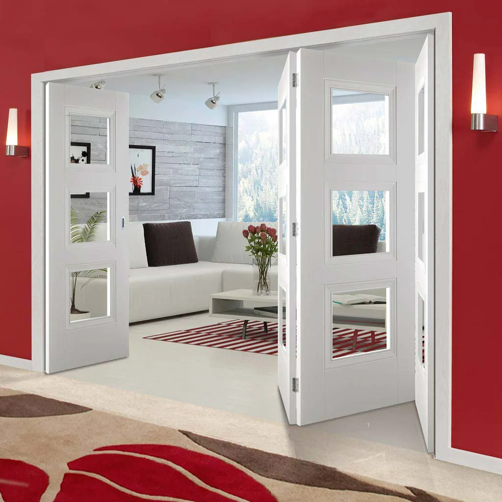 Four Folding Doors & Frame Kit - Amsterdam 3 Panel 3 1 - Clear Glass - White Primed