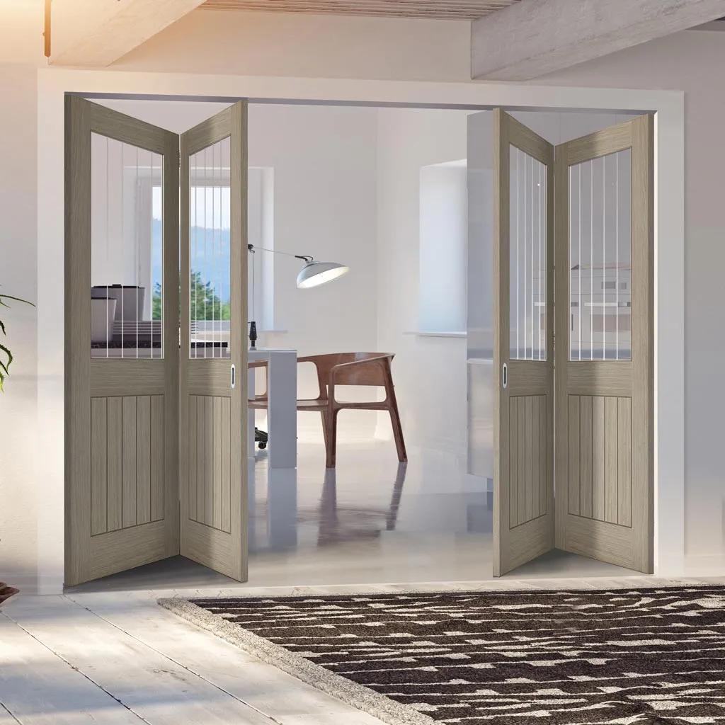 Four Folding Doors & Frame Kit - Belize Light Grey 2 2  - Clear Glass Frosted Lines - Prefinished