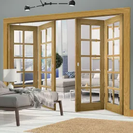 Four Folding Doors & Frame Kit - Bristol Oak 2 2 - 10 Pane Clear Bevelled Glass - Unfinished