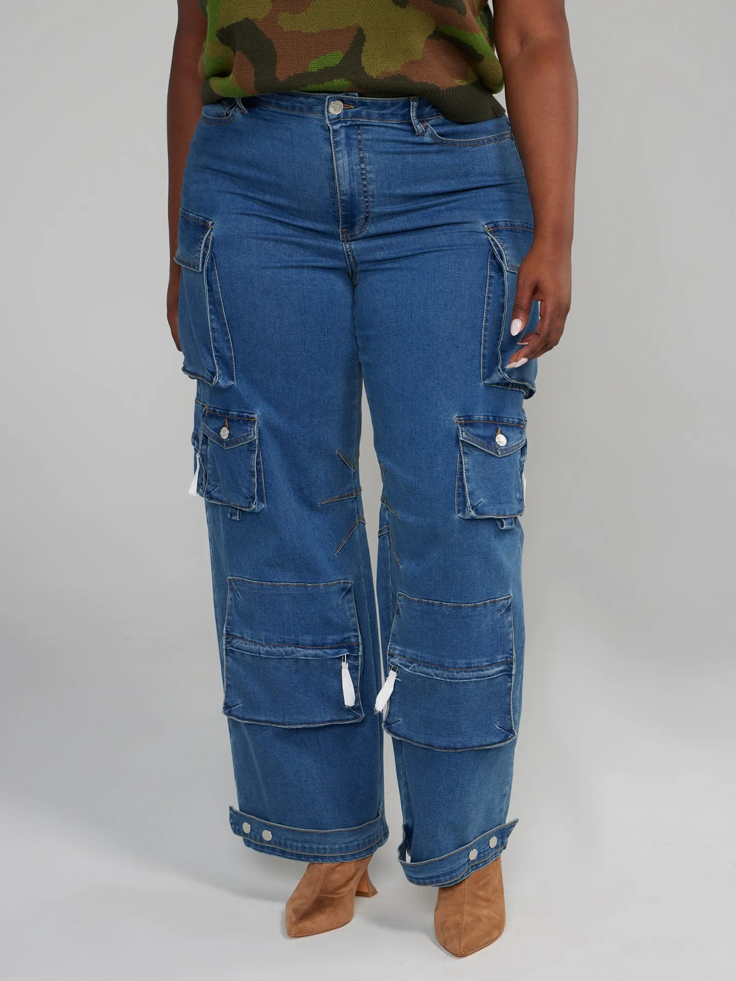 High Rise Straight Leg Denim Cargo Jeans