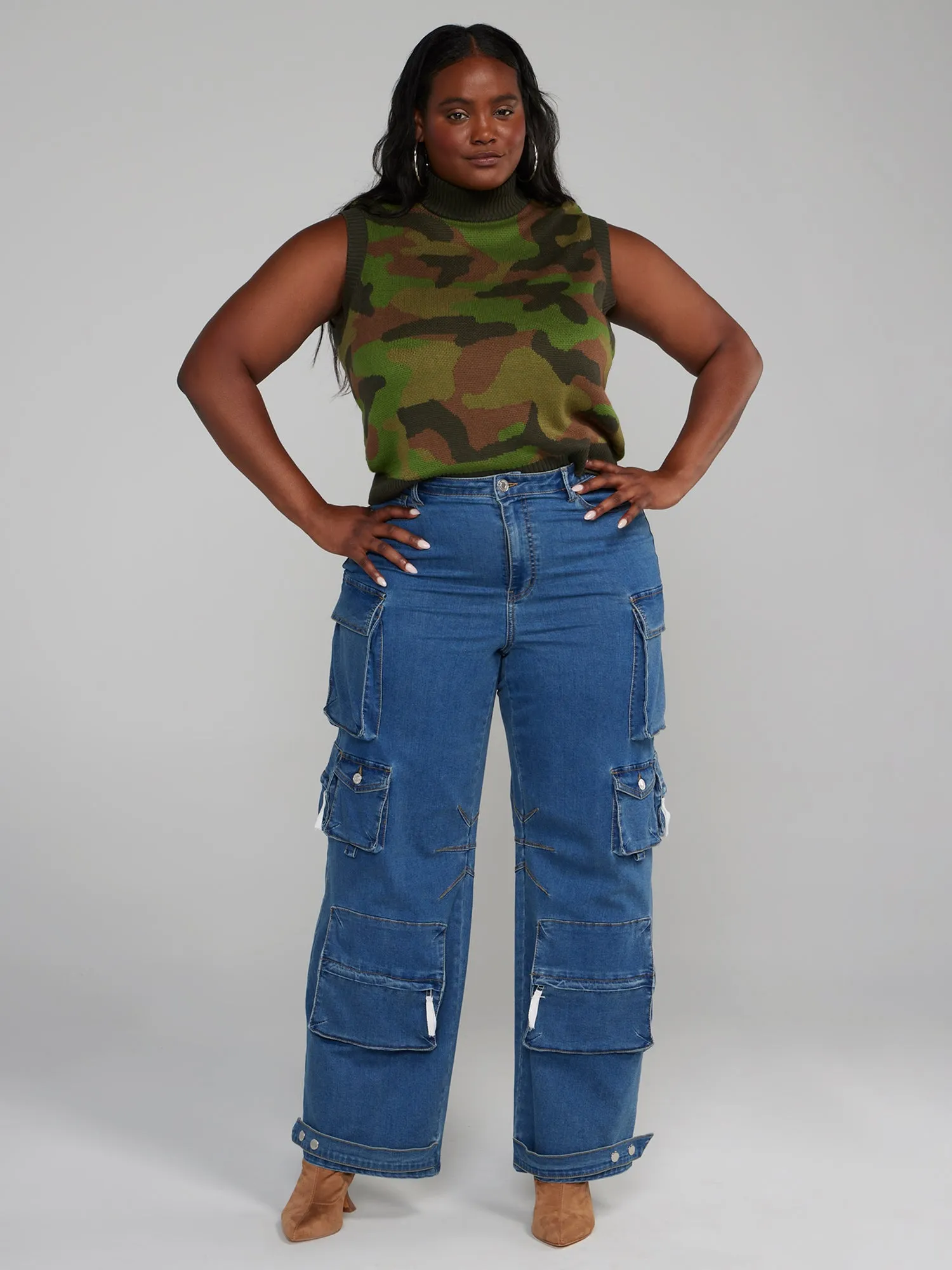 High Rise Straight Leg Denim Cargo Jeans