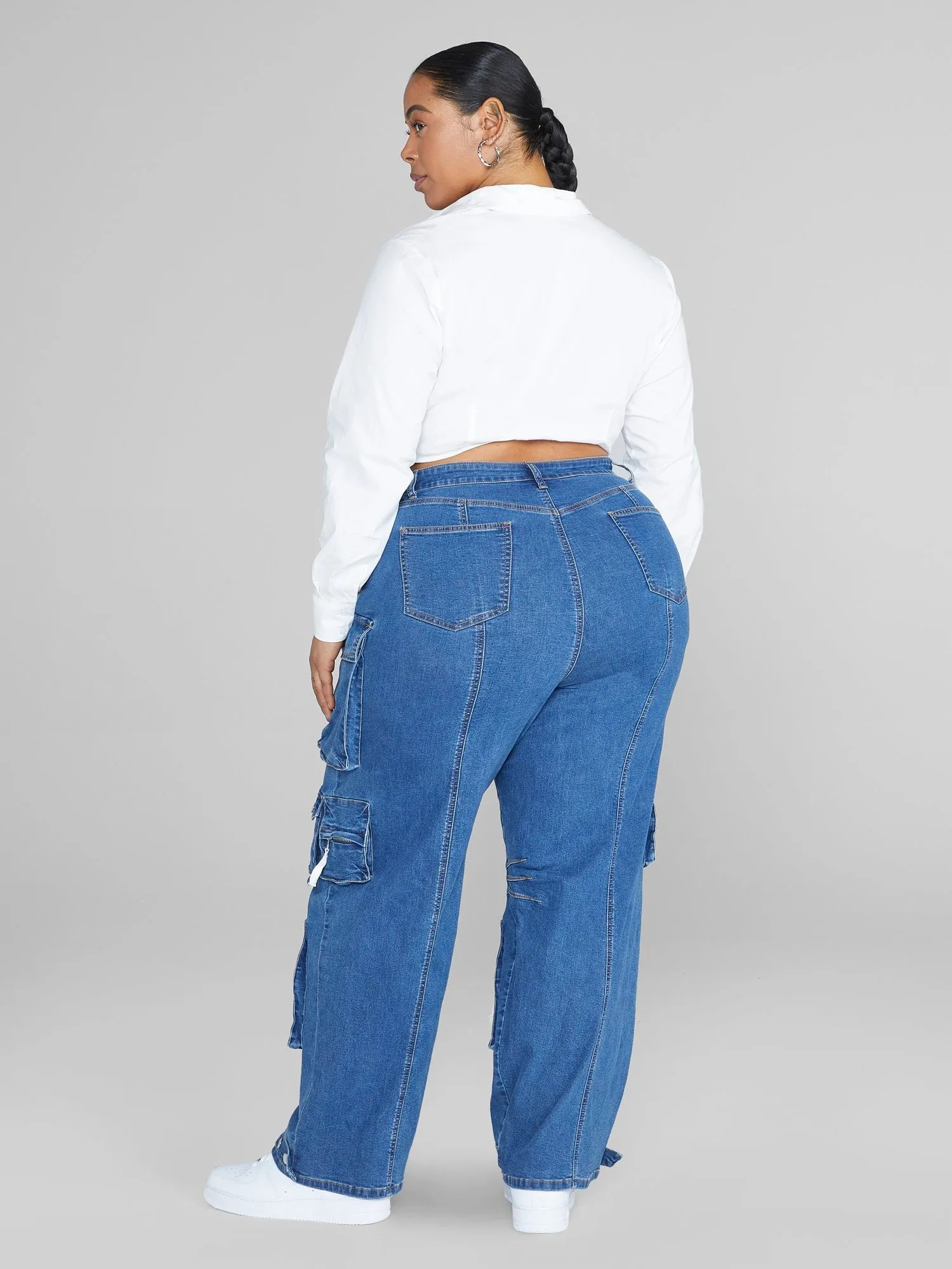 High Rise Straight Leg Denim Cargo Jeans