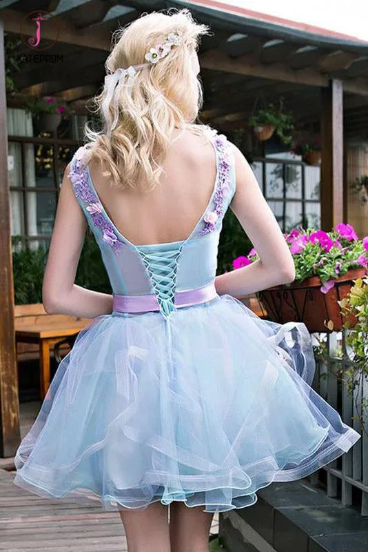 Kateprom Stylish Light Blue Tulle Short Homecoming Dress with Lilac Appliques, Sweet 16 Dress KPH0331