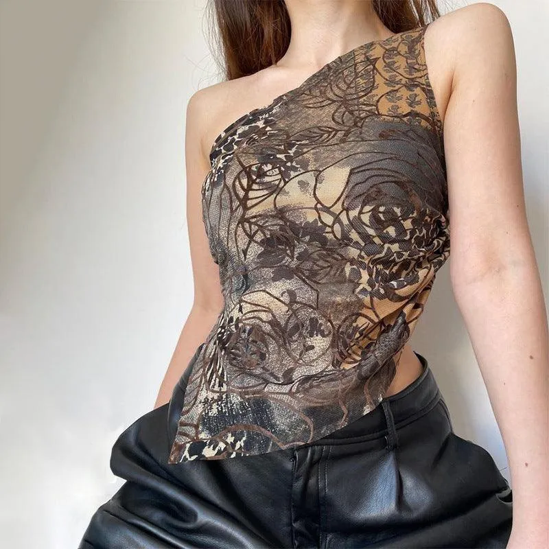 One-Shoulder Asymmetrical Print Top